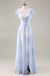 Blaues Chiffon Blumen Brautjungfernkleid mit Rundhalsausschnitt und Rüschen